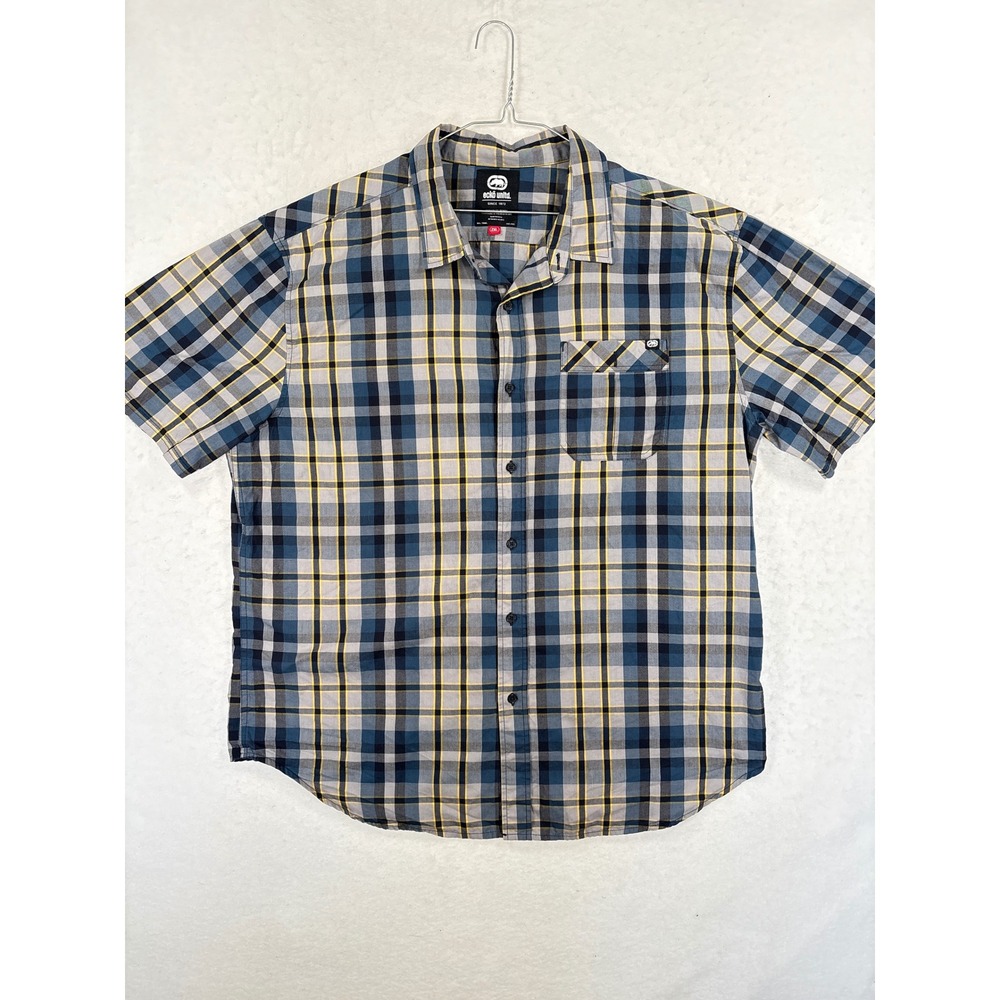 Ecko Unltd Mens 2XL Blue Yellow Plaid Short Sleeve Button Down Shirt Y2K Rhino